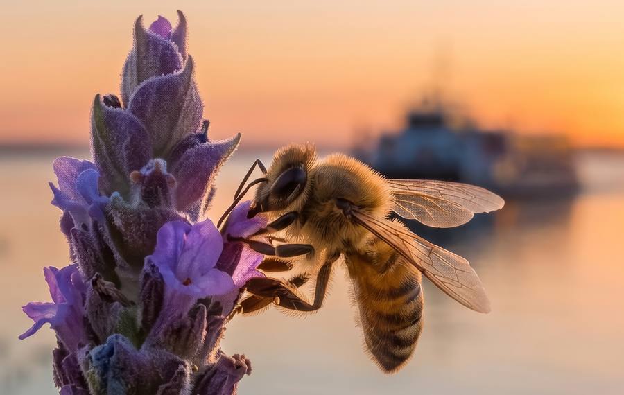 Abelha pousada em uma flor de lavanda, com o rio desfocado ao fundo